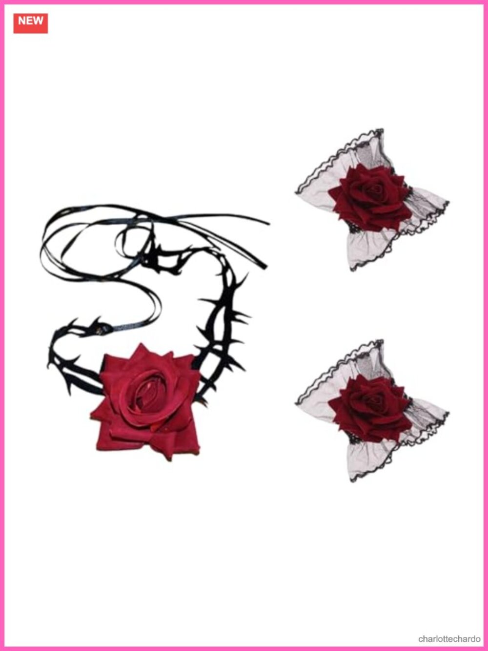 Fingerless Lace Wrist Cuffs with Rose Neckband Set